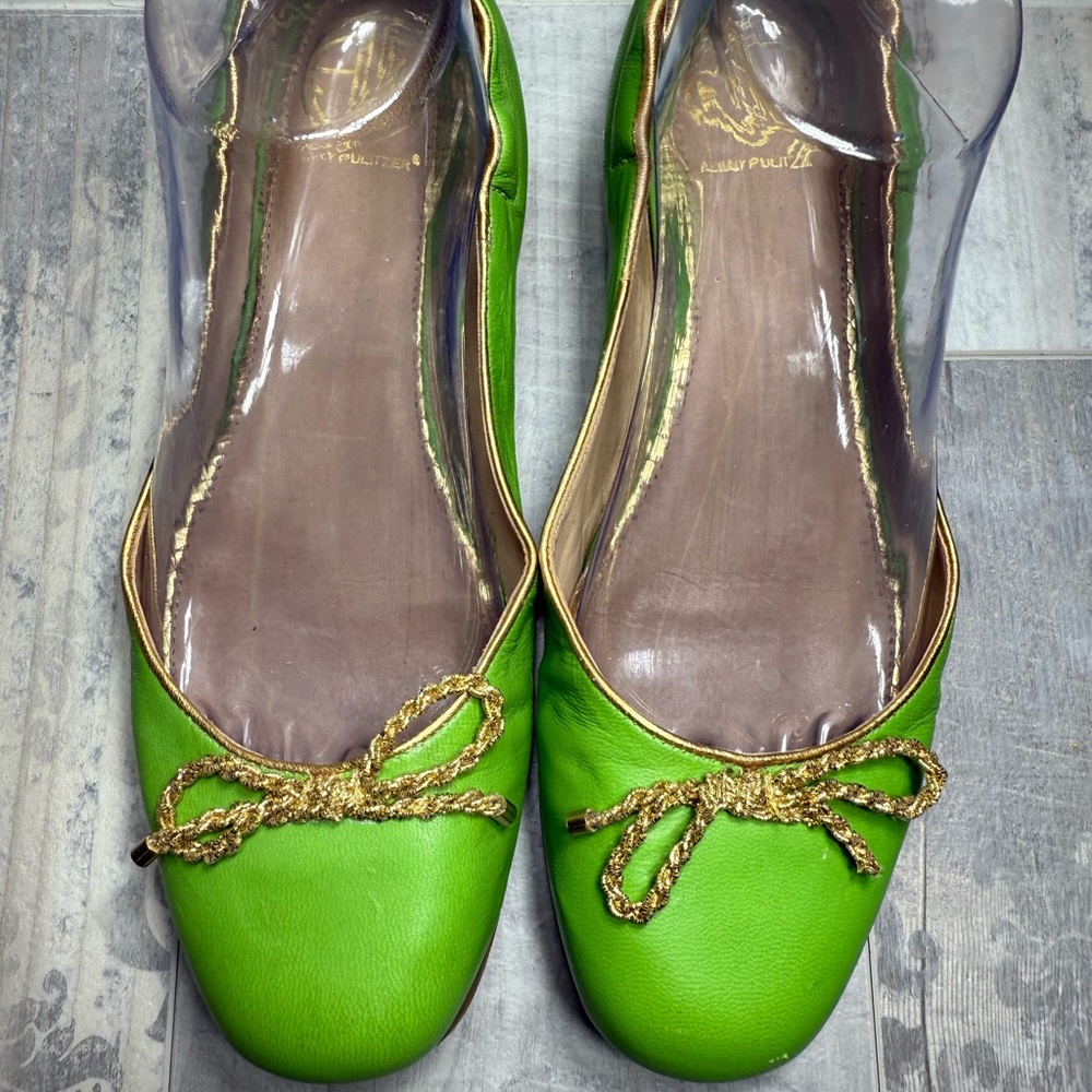 Green Leather Ballet Flats with Gold Rope Bow